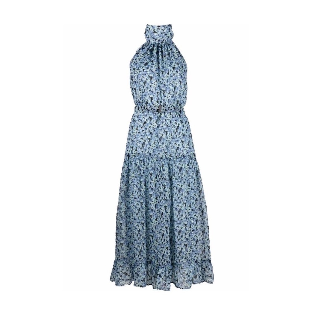 SABINA MUSAYEV Matilda Dress Black Print Blue Floral‎ Metallic Halter Maxi Small